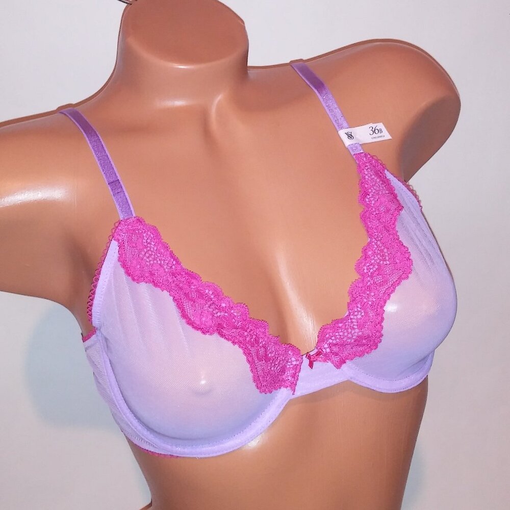 Victoria Secret Bra Unlined Demi Purple Pink Tease Lace Sheer Underwire New